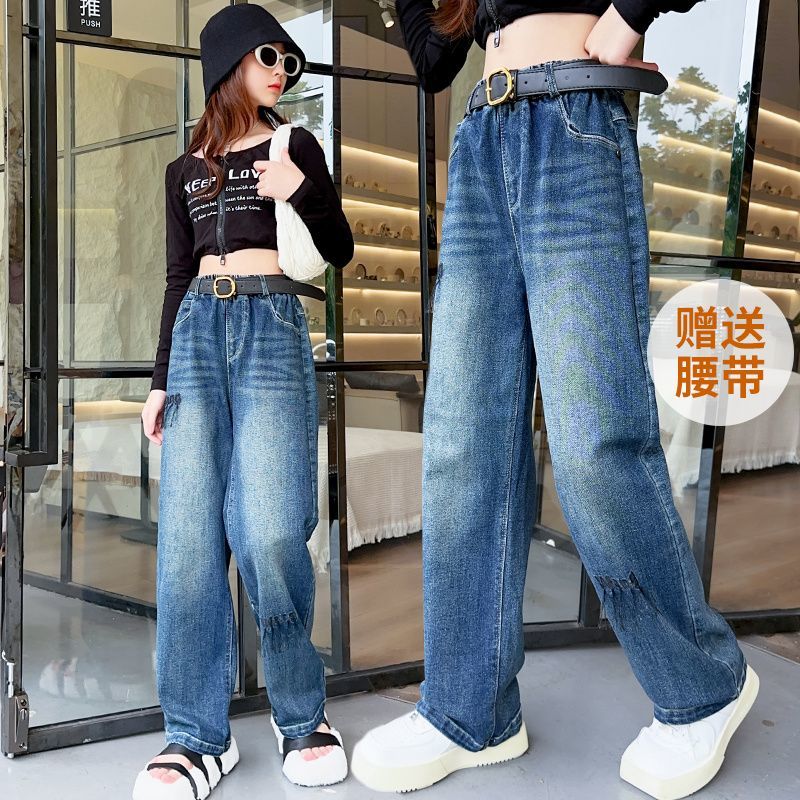 女童牛仔褲春秋大童時尚秋裝長褲休閒時髦洋氣闊腿褲秋季兒童褲子