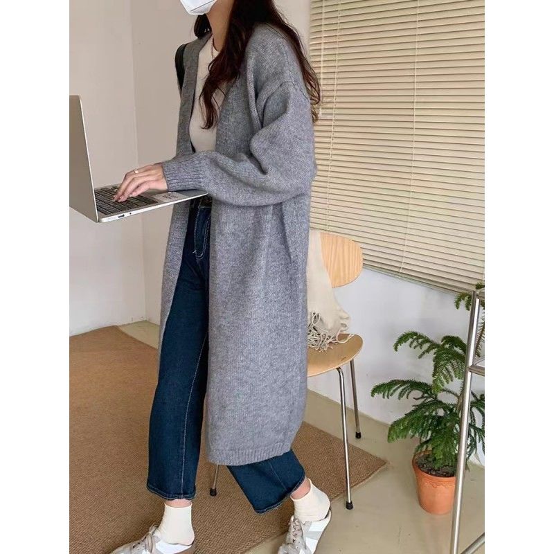 秋冬灰色針織開衫外套長款毛衣女2023新款春秋奶系穿搭上衣慵懶風