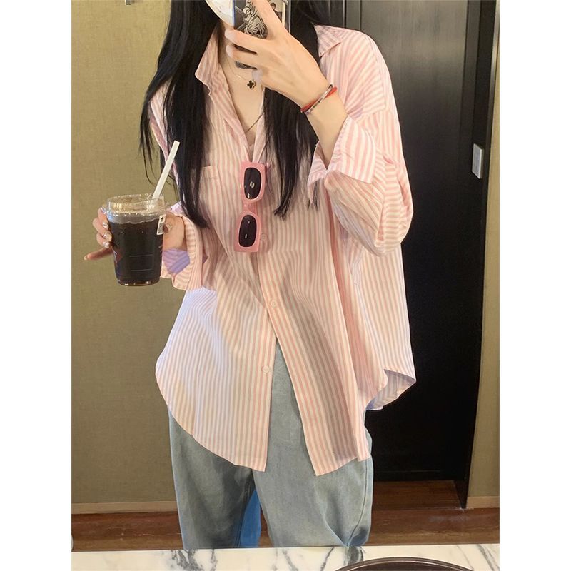 鹽系粉色條紋長袖襯衫女春秋季新款輕薄防曬襯衣顯瘦寬鬆外搭上衣