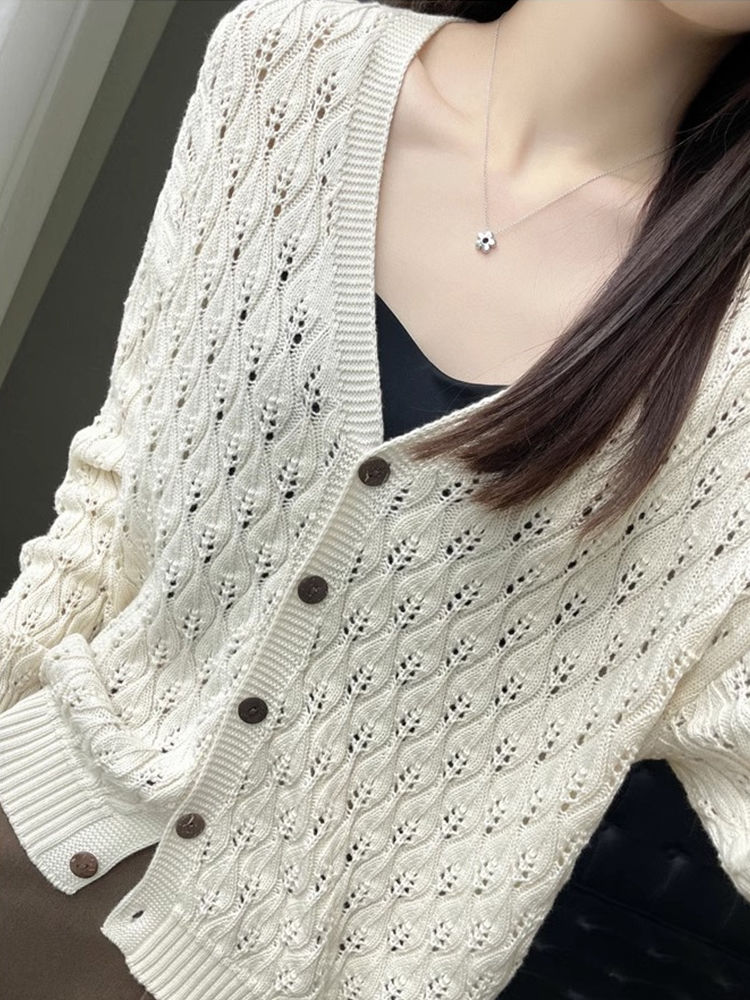 Design sense long-sleeved hollow sweater early autumn solid color all-match V-neck knitted cardigan foreign style thin coat top women