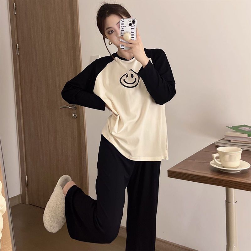 笑臉撞色家居服套裝春秋季新款睡衣女長袖長褲韓版休閒寬鬆兩件套