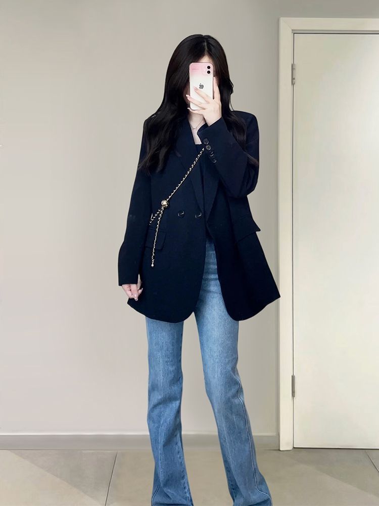 Black double-breasted blazer for women, spring and autumn, Korean style, new style, slim, slim, popular style, right shoulder suit