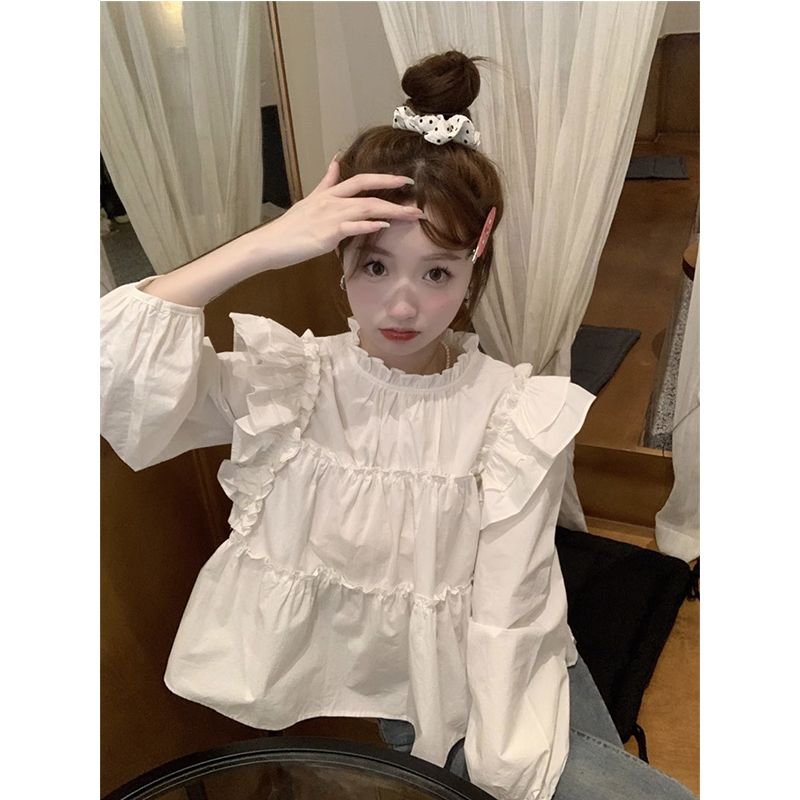 法式氣質減齡純色設計感小眾襯衫女早秋2023新款圓領寬鬆百搭上衣