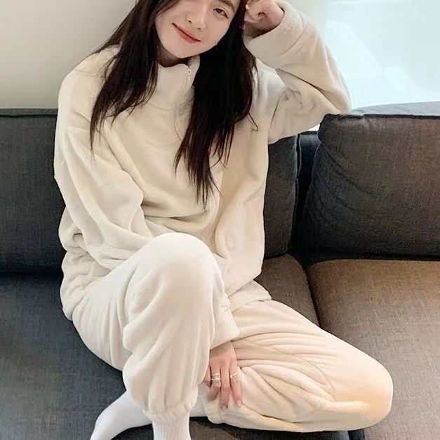 高顏值珊瑚絨家居服套裝女秋冬可出門加厚拉鏈法蘭絨睡衣兩件套裝