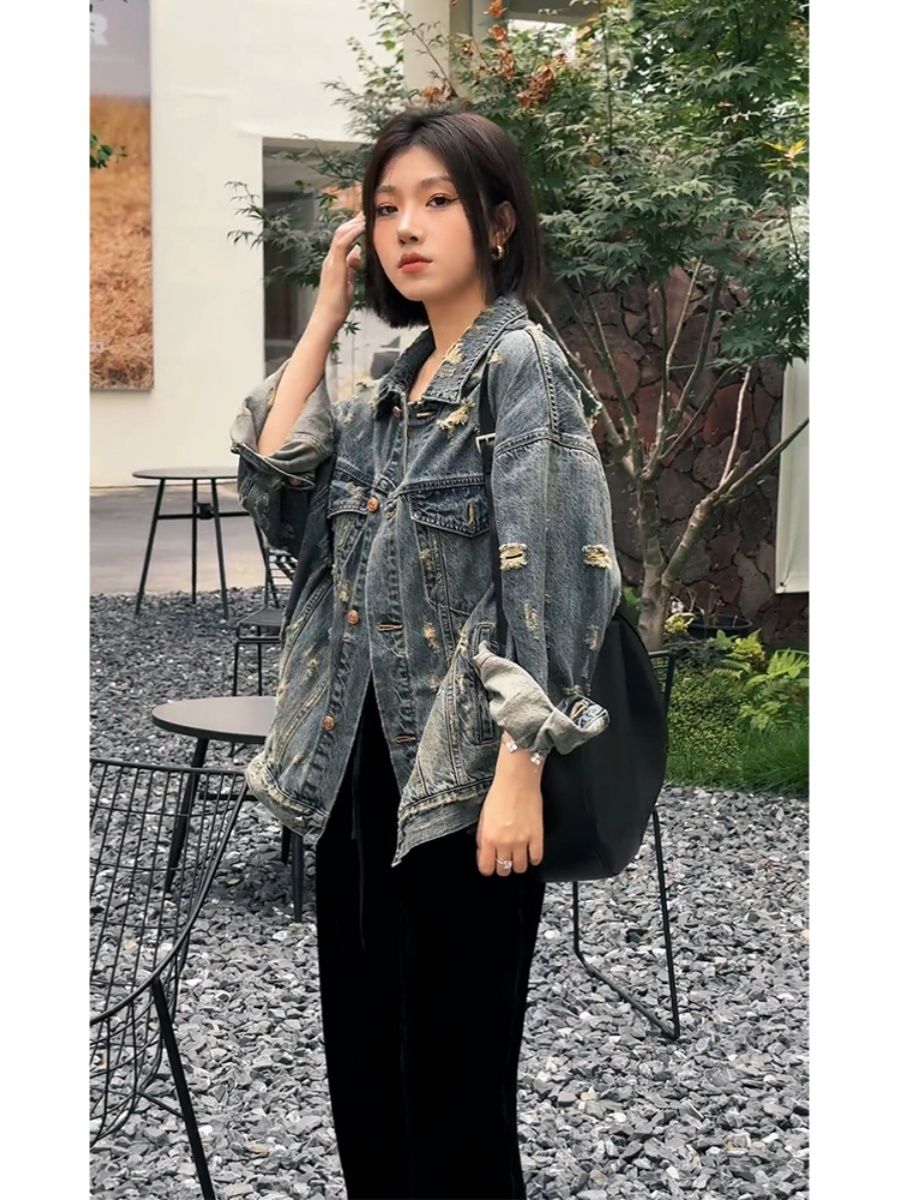 Hong Kong style retro chic blue denim jacket for women spring and autumn retro high street ripped blue unique jacket top