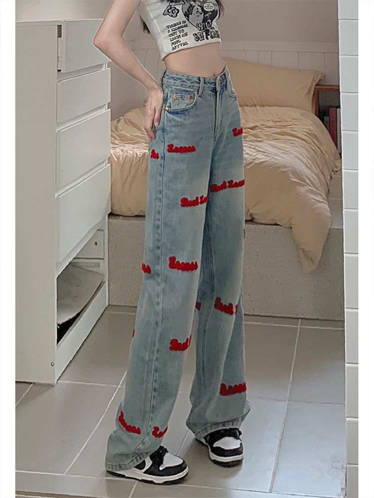 YSYOURS美式高街刺繡牛仔褲女春秋高腰寬鬆顯瘦大碼直筒闊腿長褲