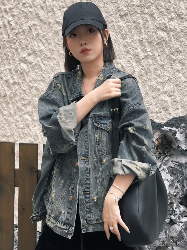 Hong Kong style retro chic blue denim jacket for women spring and autumn retro high street ripped blue unique jacket top