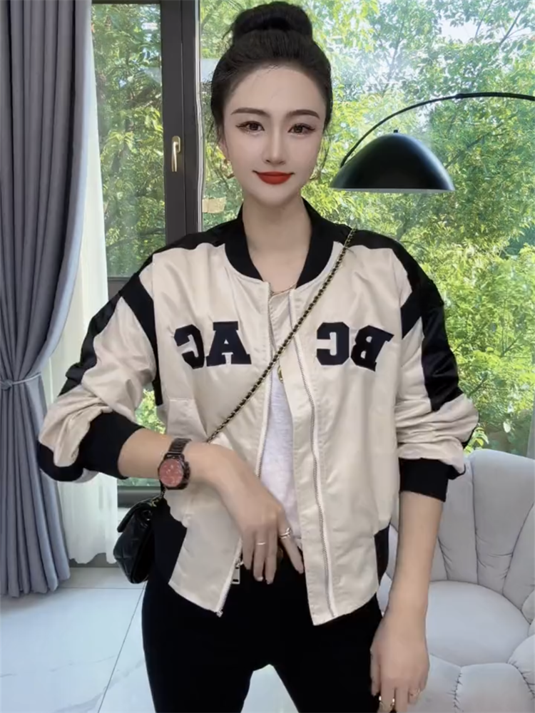 藍海奕諾拼色設計感短款寬鬆棒球服外套女2023秋季新款小個子上衣