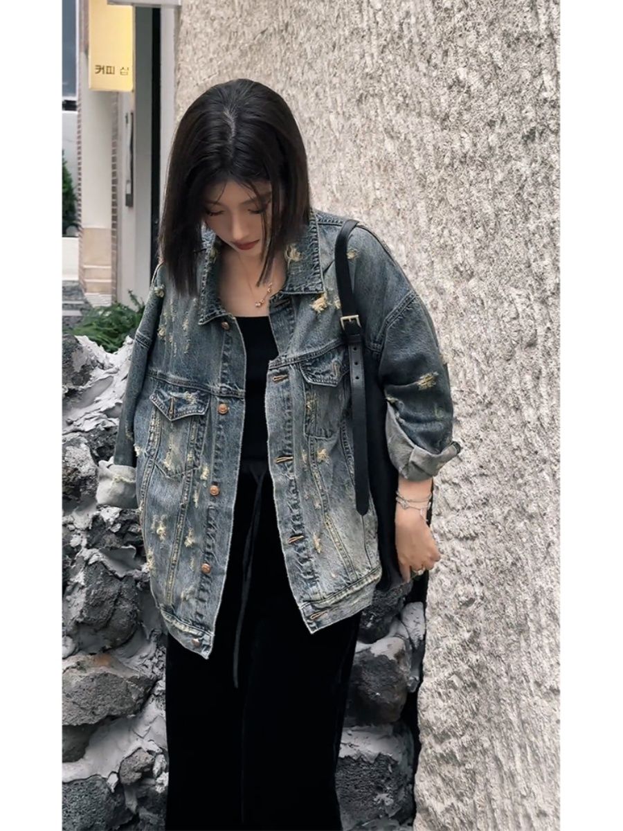 Hong Kong style retro chic blue denim jacket for women spring and autumn retro high street ripped blue unique jacket top