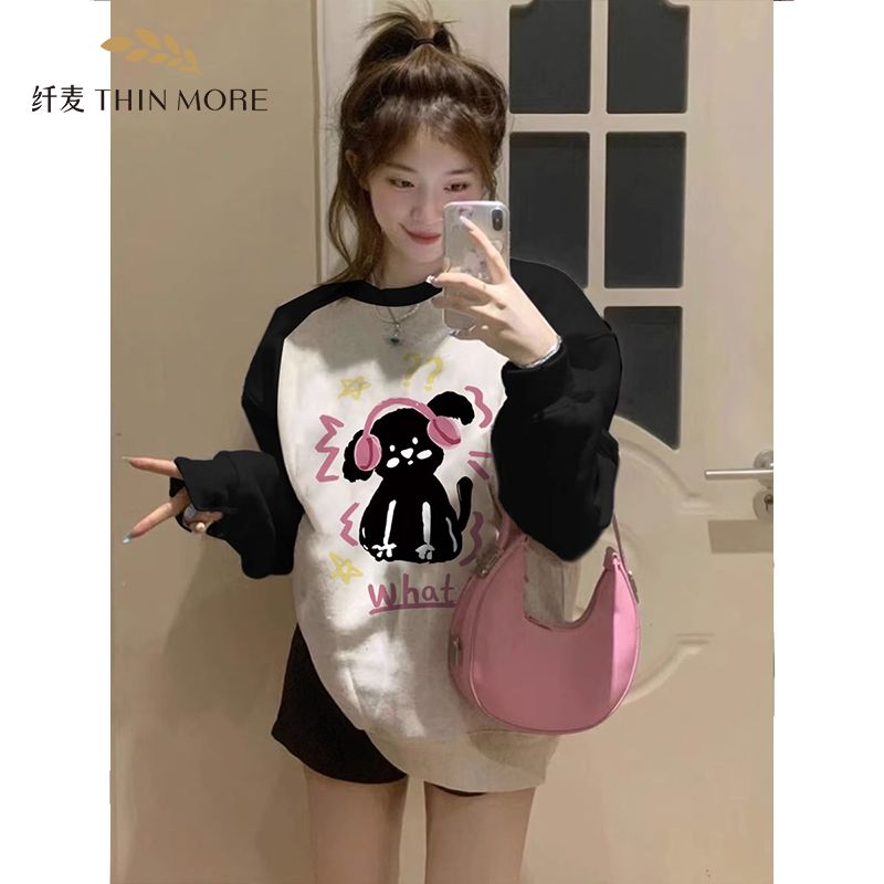 Fianmai 380G heavyweight pure cotton raglan long-sleeved splicing sweatshirt for women autumn and winter new ins design loose top