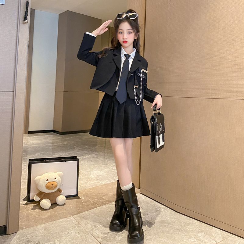 Girls' Autumn Clothes, College Style Western Style Small Suits, JK Uniform Suits, Korean Style Elementary School Pleated Skirts for Big Children and Girls