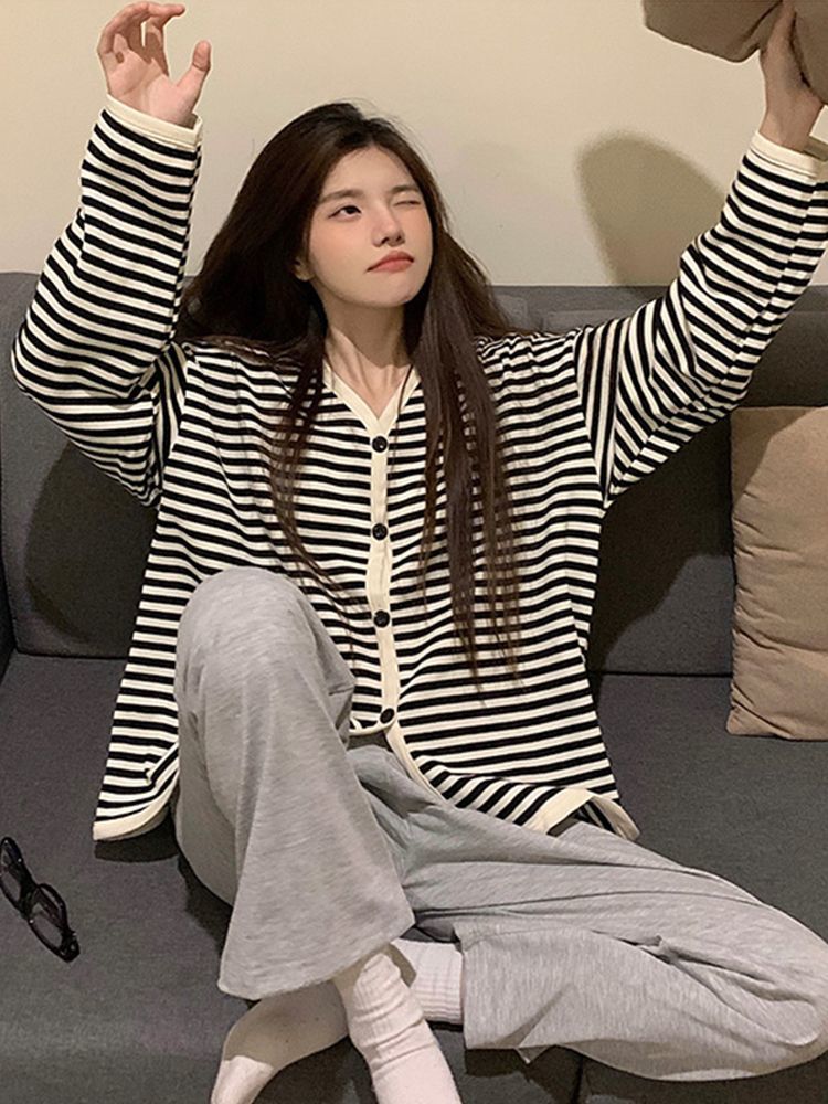 韓版條紋睡衣女春秋款2023新款長袖長褲休閒寬鬆家居服套裝可外出