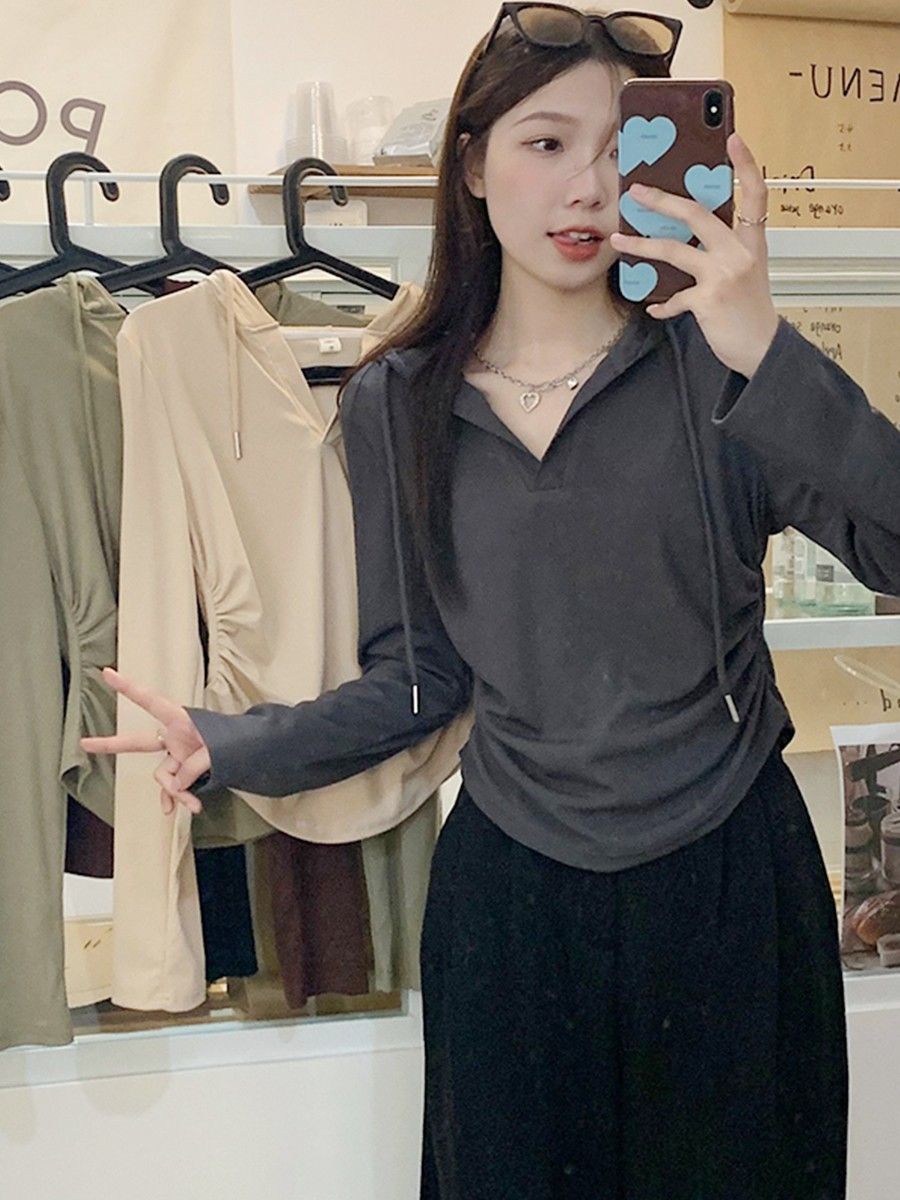 大碼連帽長袖t恤女秋季2023新款女裝微胖妹妹顯瘦打底衫內搭上衣