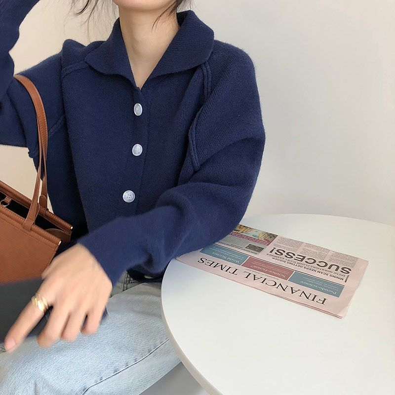 慵懶風polo領復古毛衣開衫加厚2023秋冬季新款韓版翻領針織外套女