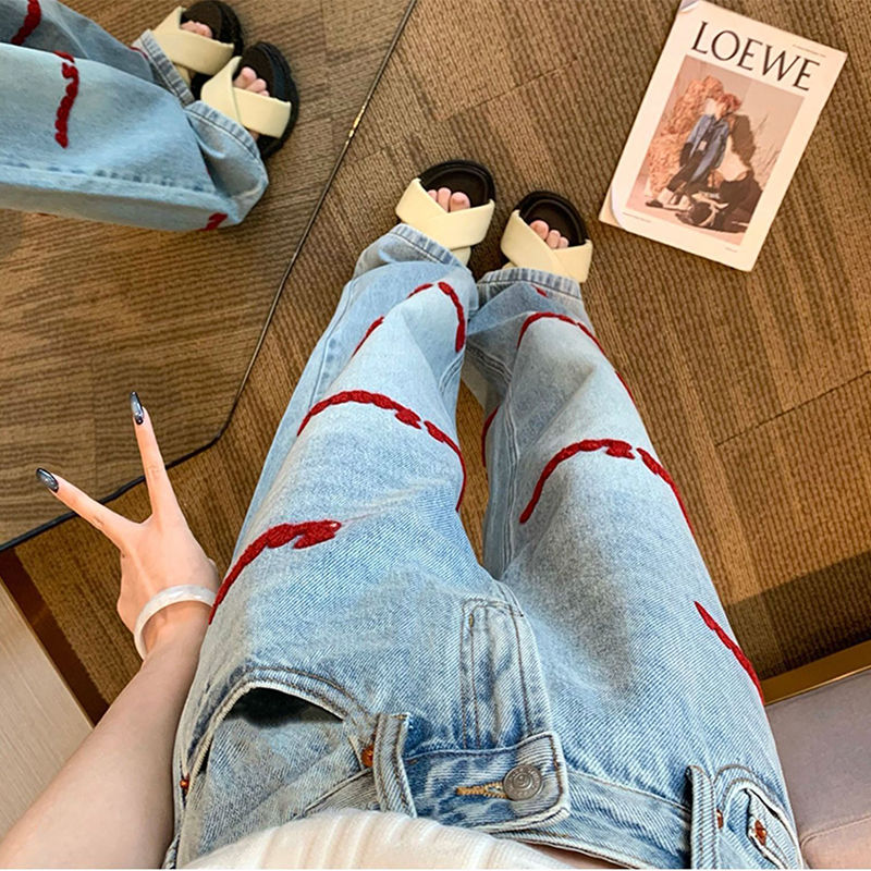 YSYOURS美式高腰直筒牛仔褲女春秋小眾字母大碼刺繡設計感闊腿褲