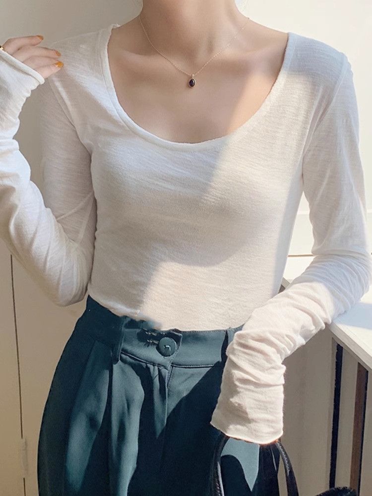 復古純欲大U領氣質長袖t恤女年新款初秋時尚修身顯瘦薄款內搭上衣
