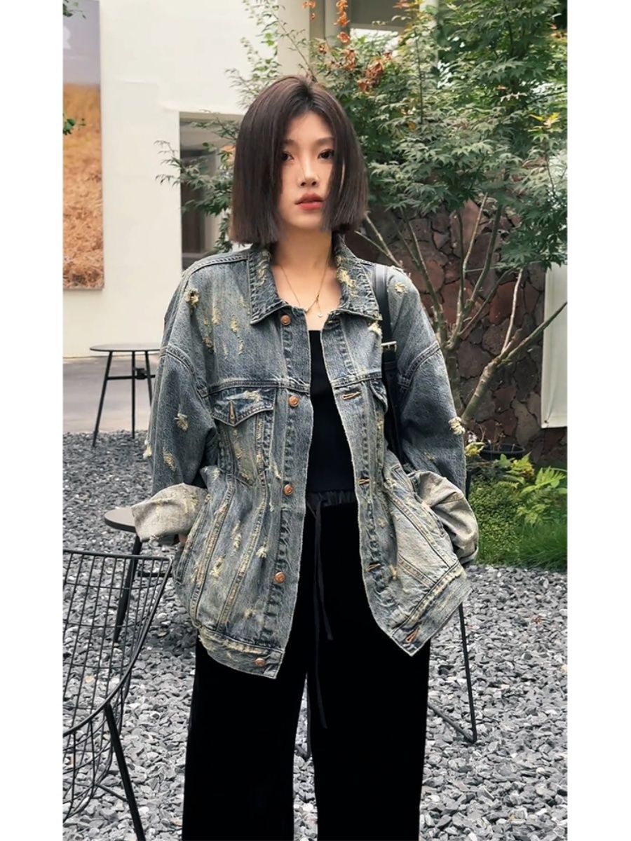 Hong Kong style retro chic blue denim jacket for women spring and autumn retro high street ripped blue unique jacket top