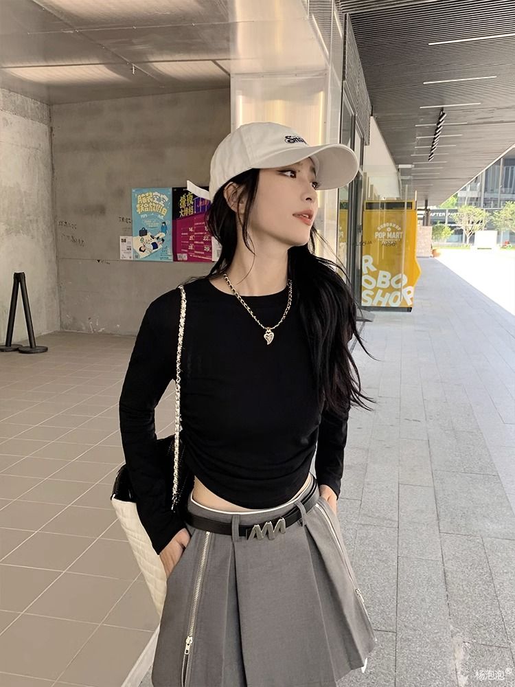 設計感修身長袖內搭t恤女2023秋冬辣妹薄款不規則短款打底上衣ins