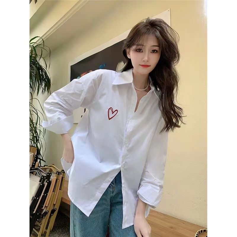 格瑞吉奧法式高級感春秋白色衫女百搭愛心刺繡寬鬆休閒開衫襯衣潮