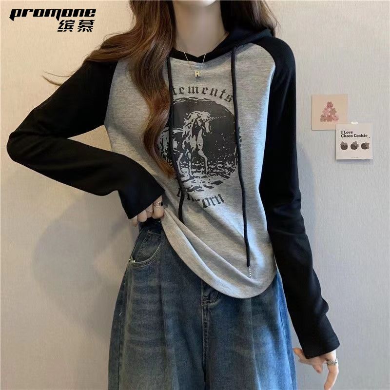 PROMONE連帽長袖t恤女撞色百搭拼色插肩上衣減齡可愛春秋季衛衣潮