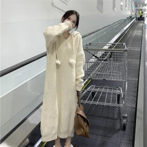 Autumn and winter new thickened over-the-knee mid-length loose lazy style knitted skirt women's hooded sweater dress women