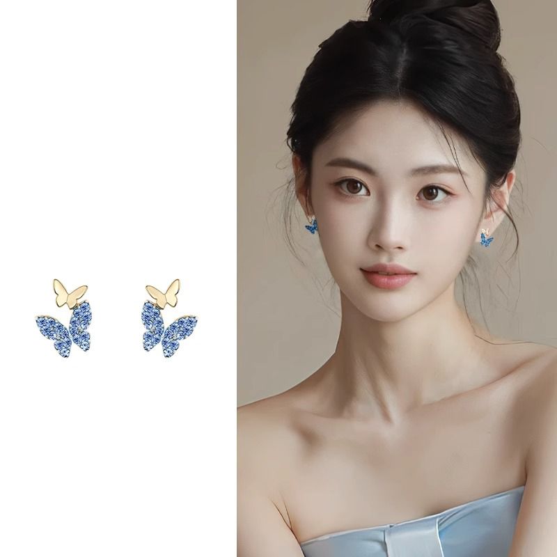 藍色蝴蝶耳釘女2023新款爆款小眾獨特夏天耳環高級感時尚純銀耳飾