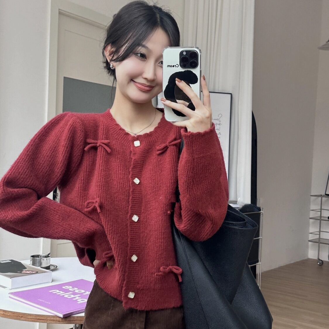 甜美氣質秋冬新款針織開衫外套毛衣女法式溫柔百搭蝴蝶結外穿上衣