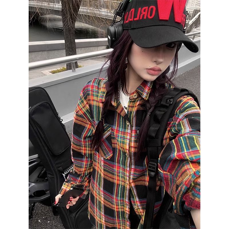 日系復古格子襯衫女2023春秋新款寬鬆撞色中長款襯衣外套oversize