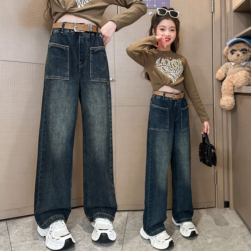 女童牛仔褲春秋款中大童洋氣寬鬆秋季長褲闊腿褲女孩秋天兒童褲子