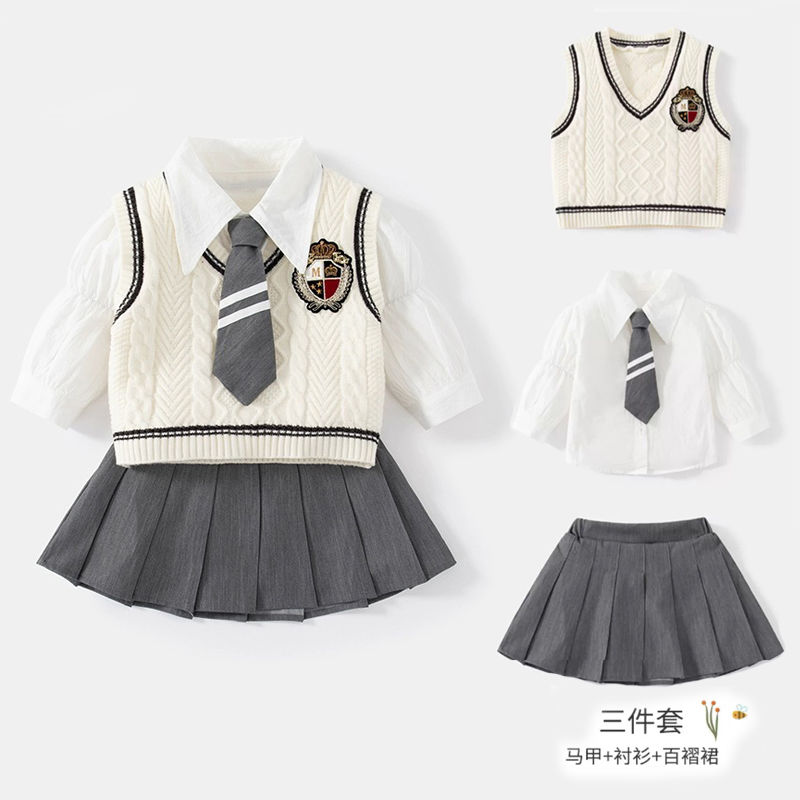 女童毛衣三件套裝春秋新款洋氣兒童嬰兒女寶寶jk制服學院風兒童潮