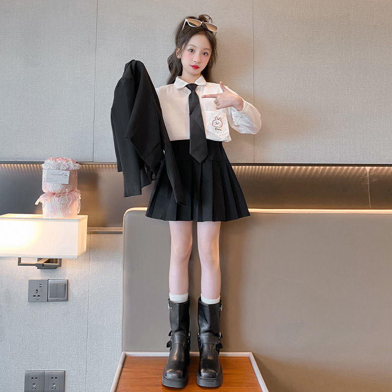 Girls' Autumn Clothes, College Style Western Style Small Suits, JK Uniform Suits, Korean Style Elementary School Pleated Skirts for Big Children and Girls