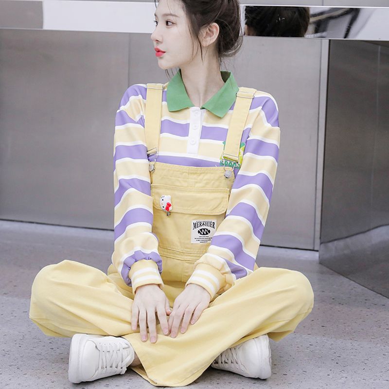 學院風春秋季牛仔背帶褲女寬鬆復古紅色直筒褲子休閒條紋衛衣套裝