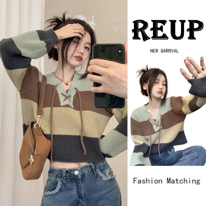 【REUP】系帶撞色針織衫女春秋新款慵懶風設計感小眾寬鬆V領毛衣