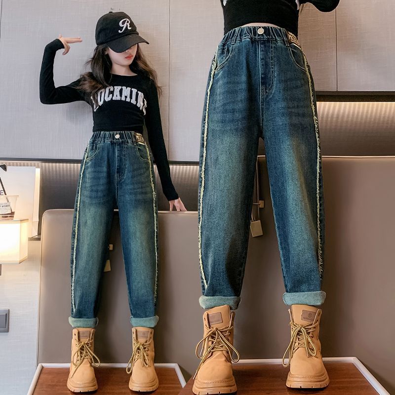 女童牛仔褲春秋款洋氣中大童休閒時髦秋季老爹褲女孩寬鬆兒童褲子