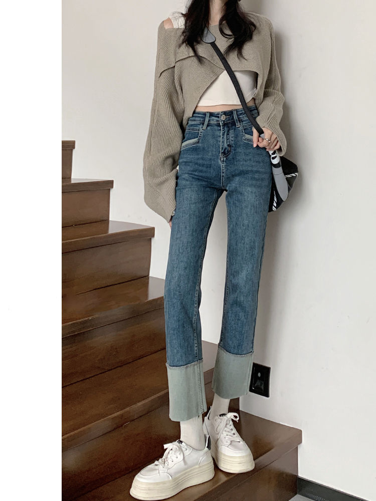 YSYOURS翻邊直筒牛仔褲女春秋高腰顯瘦小個子大碼九分煙管褲ins潮