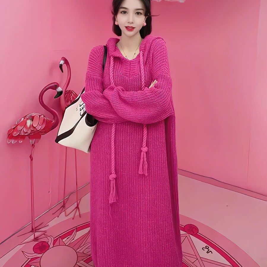 Autumn and winter new thickened over-the-knee mid-length loose lazy style knitted skirt women's hooded sweater dress women