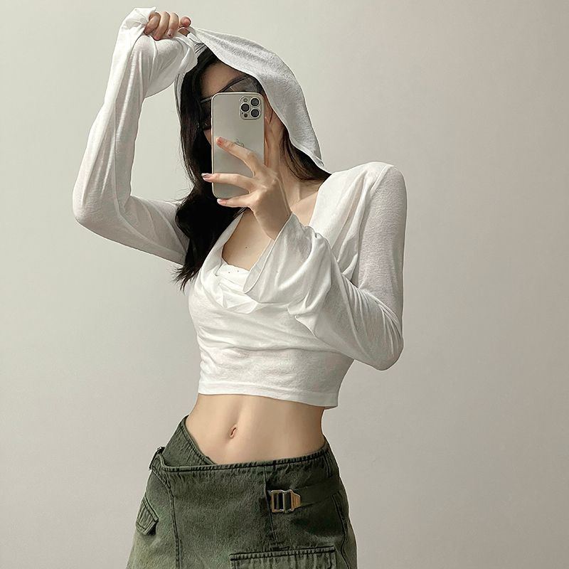 原版面料拽酷辣妹風純欲連帽長袖t恤女早秋薄款防曬短款露臍上衣