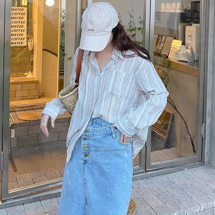 CONGRAZIO條紋襯衫女2023年新款設計感小眾寬鬆襯衣港風chic上衣