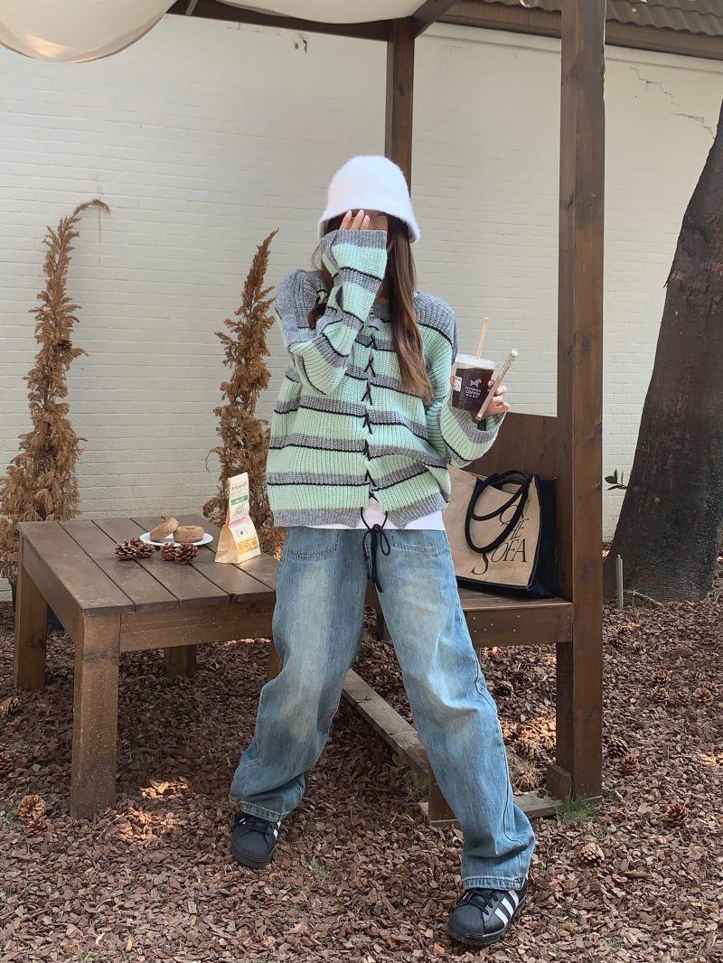 上衣風綁帶毛衣春秋女長袖寬鬆條紋圓領開衫溫柔外套撞色顯瘦休閒
