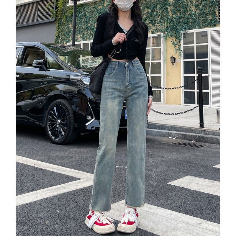 復古高腰牛仔褲女2023新款春秋窄版顯瘦小個子毛邊九分煙管直筒褲