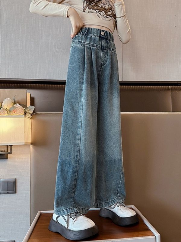 女童牛仔褲春秋外穿2023新款兒童秋季寬鬆洋氣闊腿褲中大童休閒褲
