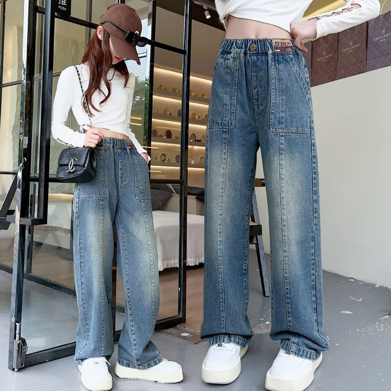 女童褲子春秋款兒童秋裝女孩秋季休閒褲時髦洋氣中大童闊腿牛仔褲