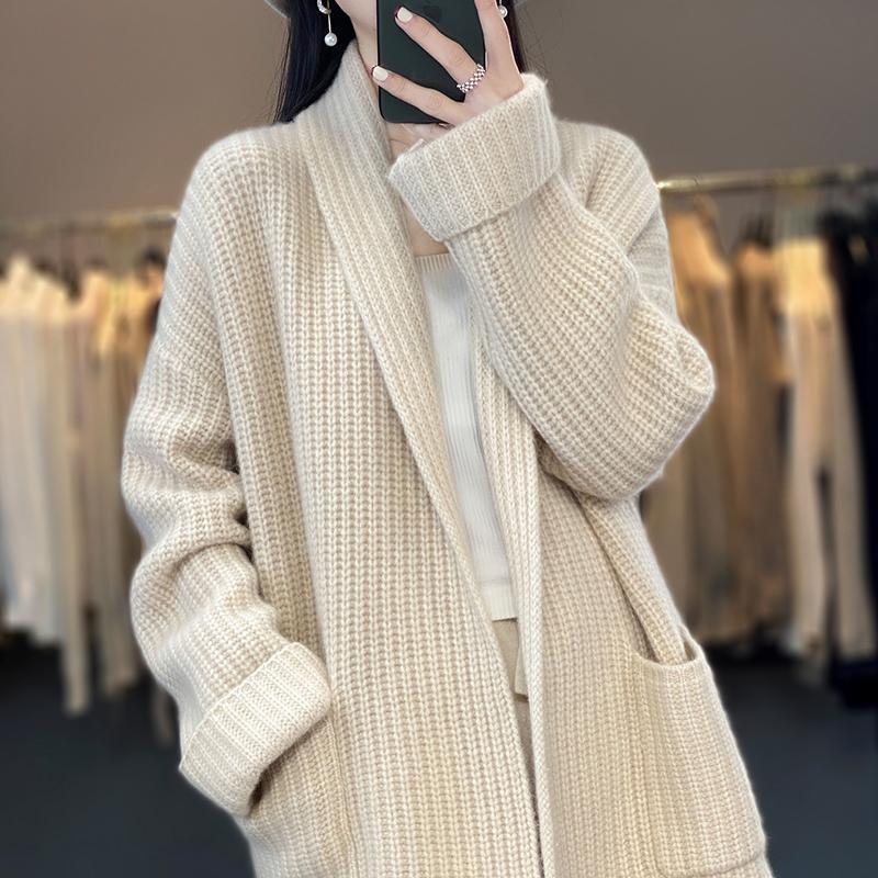 款寬鬆女洋氣2023中長款領帶兜外開衫針織衫V春秋搭新款春秋外套
