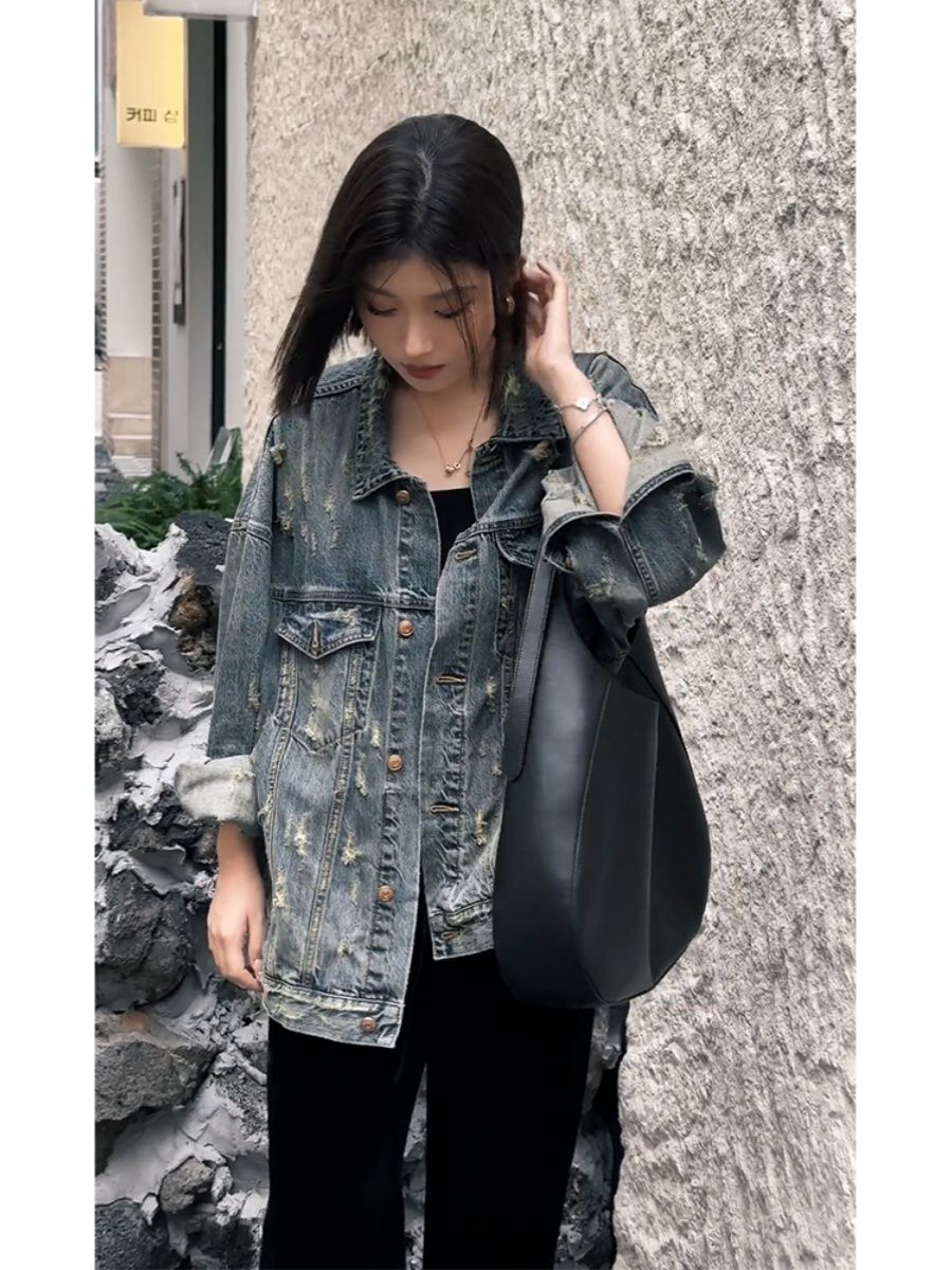 Hong Kong style retro chic blue denim jacket for women spring and autumn retro high street ripped blue unique jacket top