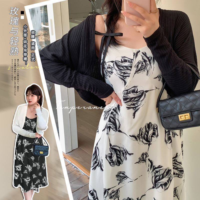 吊帶款大碼女裝胖mm名媛風套裝連衣裙2023秋季新款遮肉兩件套B11