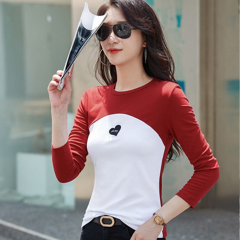 2023 early spring and autumn new long-sleeved t-shirt women's pure cotton all-match self-cultivation inner build color matching tight-fitting bottoming shirt