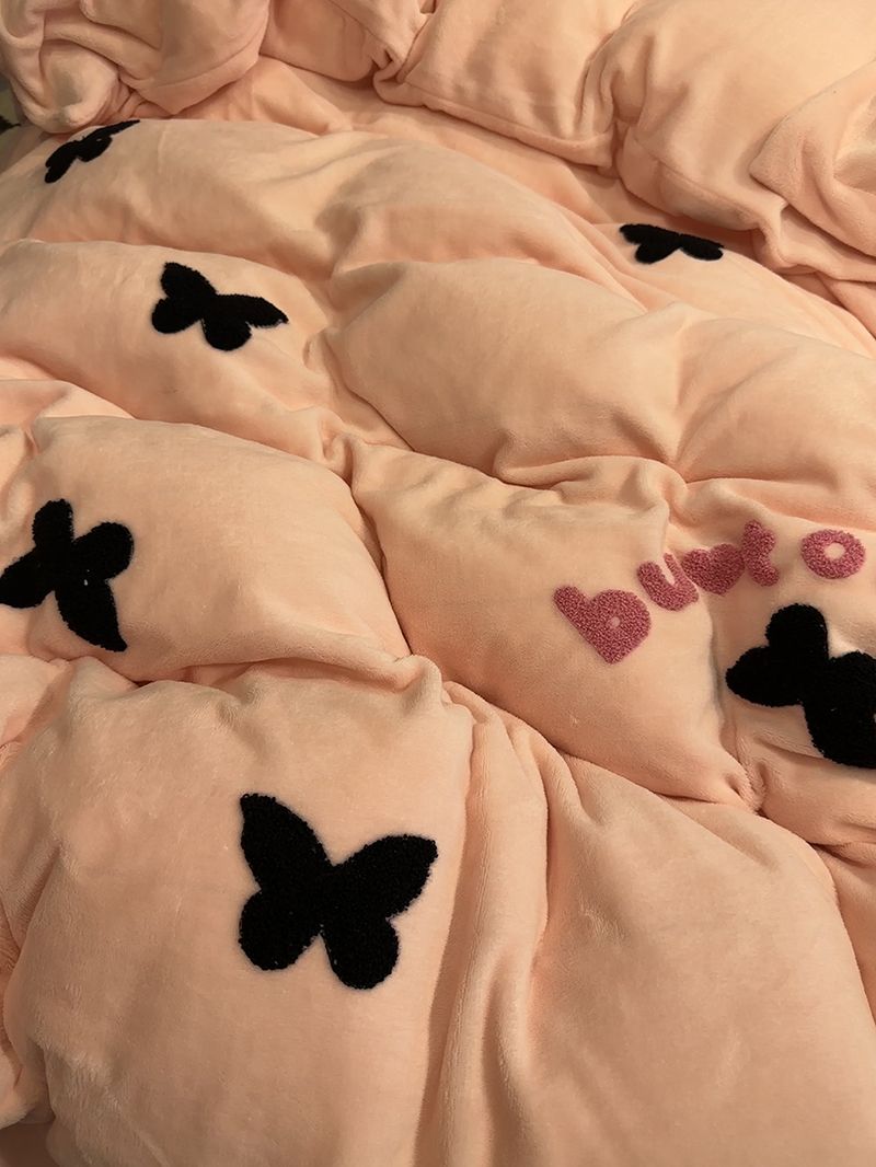 保暖冬季粉色毛巾绣牛奶绒四件套加厚珊瑚绒法兰绒被套床单三件套