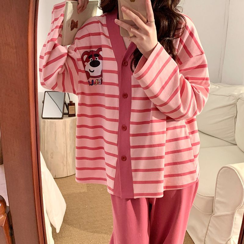 草莓熊睡衣女春秋季新款甜美條紋長袖套裝可外穿小個子冬天家居服