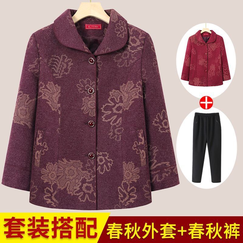 中老年人秋裝女外套奶奶翻領長袖上衣老太太春秋毛呢媽媽呢子衣服