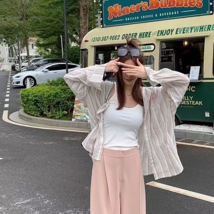CONGRAZIO條紋襯衫女早秋美式休閒寬鬆防曬輕薄慵懶風設計感襯衣